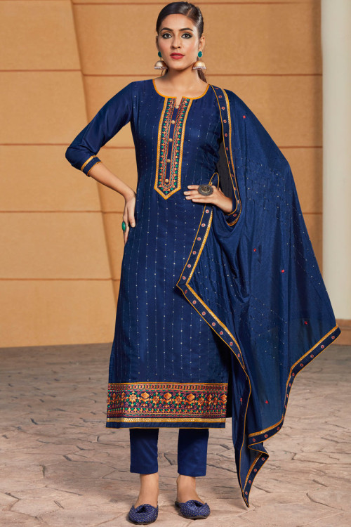 Thread Work Embroidered Poly Cotton Navy Blue Trouser Suit