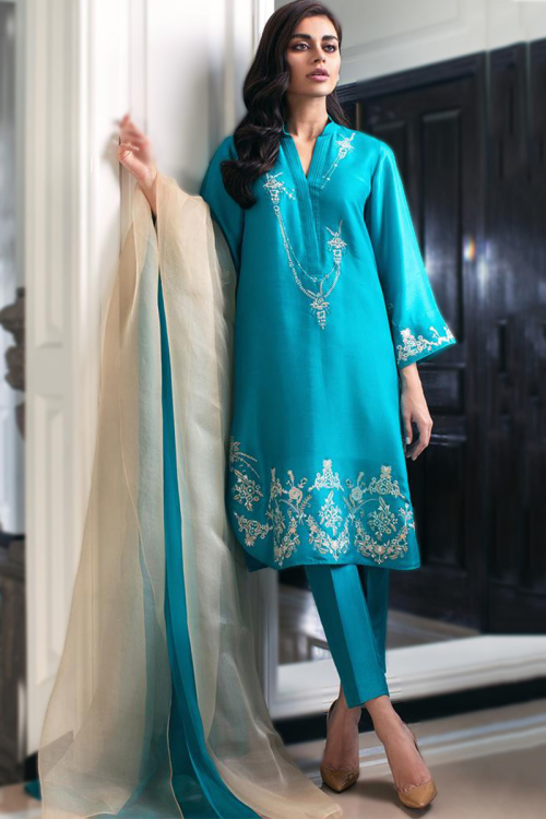 Thread Work Embroidered Silk Blue Pakistani Trouser Salwar Suit
