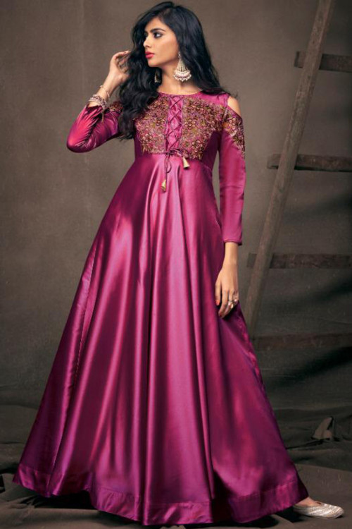 Thread Work Embroidered Satin Magenta Pink Anarkali Suit