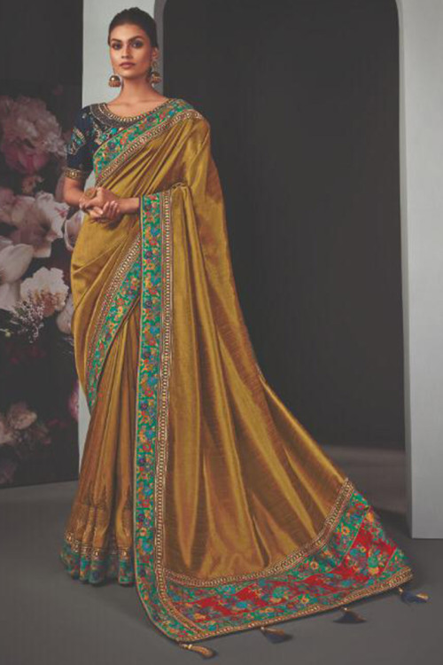 Dark yellow designer saree with blouse | Saree designs, Chiffon saree,  Party wear sarees