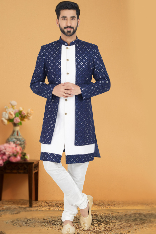 Thread Work Embroidered Silk Navy Blue Men Sherwani