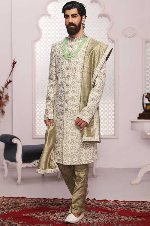 Thread Work Embroidered Silk Pistachio Green Men Sherwani