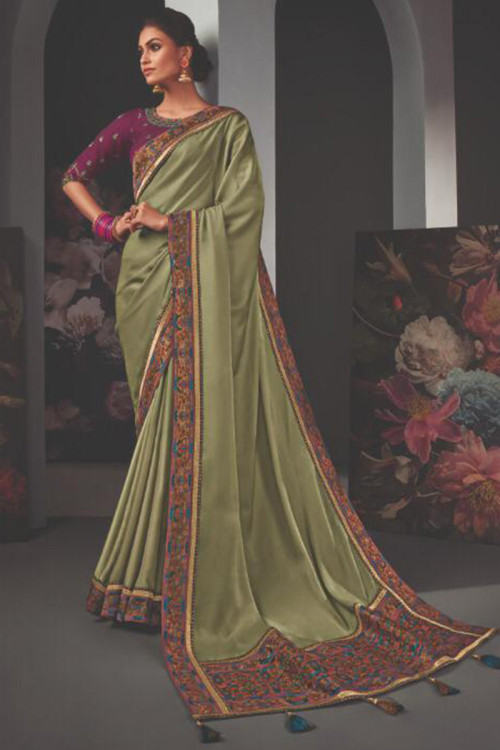Sage Green Silk Saree for Party Wear with Thread embroidery