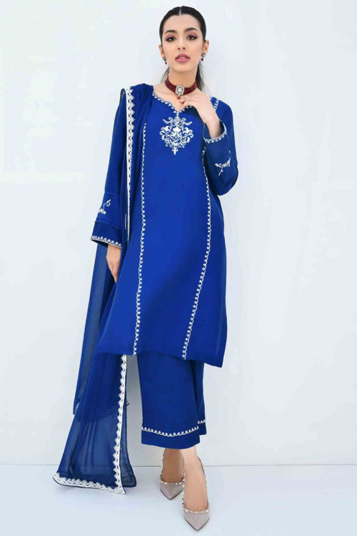 Thread Work Embroidered Silk Straight Cut Royal Blue Trouser Suit