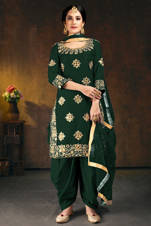 Thread Work Embroidered Soft Silk Dark Green Eid Patiala Suit