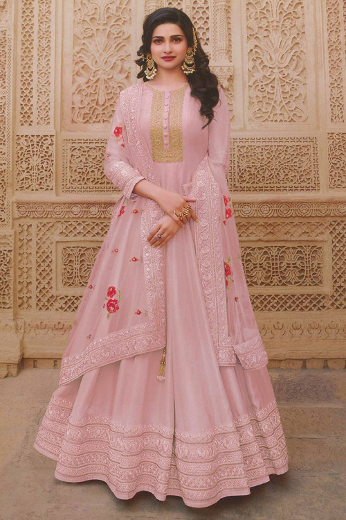 Embroidered Soft Silk Pink Anarkali Party Wear Salwar Kameez