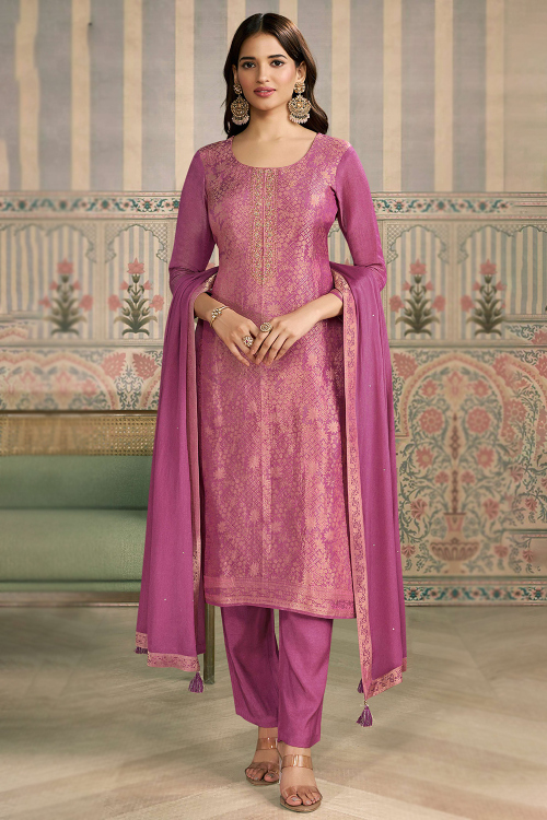 Thulian Pink Art Silk Woven Zari Straight Cut Trouser Suit
