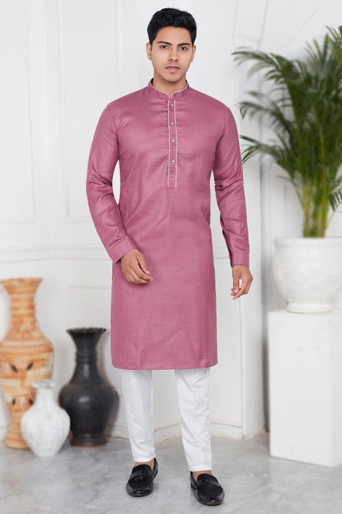 Thulian Pink Cotton Casual Wear Straight Cut Men's Kurta Pajama 