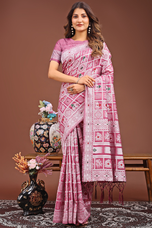 Thulian Pink Cotton Saree With Weaved Thread Work For Casual Wear