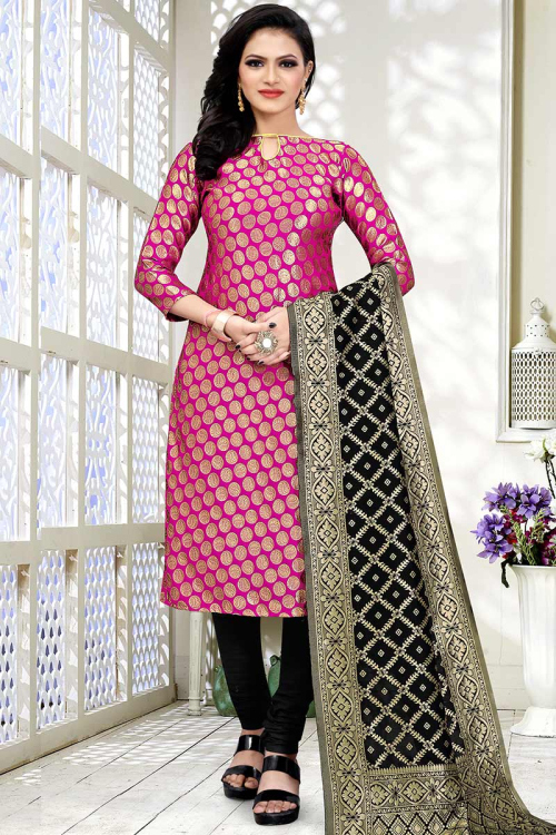 Pink Jacquard Straight Cut Churidar Suit
