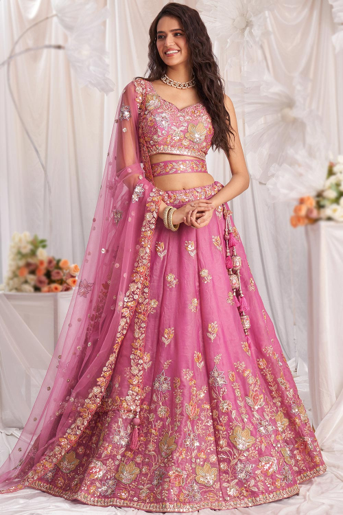 Thulian Pink Organza Embroidered Panelled Style Lehenga