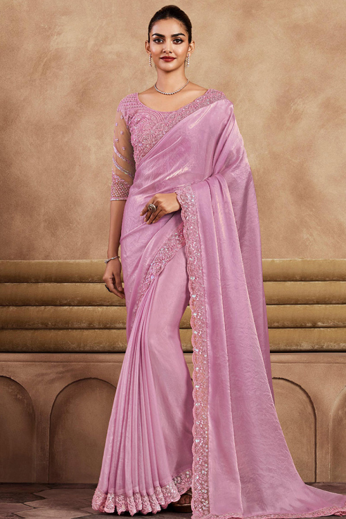 Thulian Pink Organza Silk Shimmer Saree With Lace 
