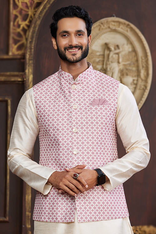 Thulian Pink Printed Art Silk Men's Waist Coat For Sangeet 