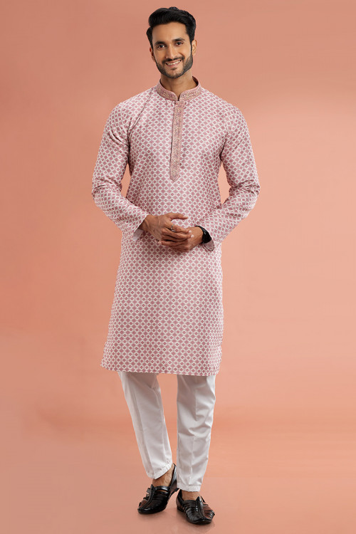 Thulian Pink Printed Cotton Straight Cut Men's Kurta Pajama