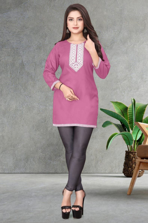 Thulian Pink Rayon Kurti With Resham Thread Work For Casual Wear