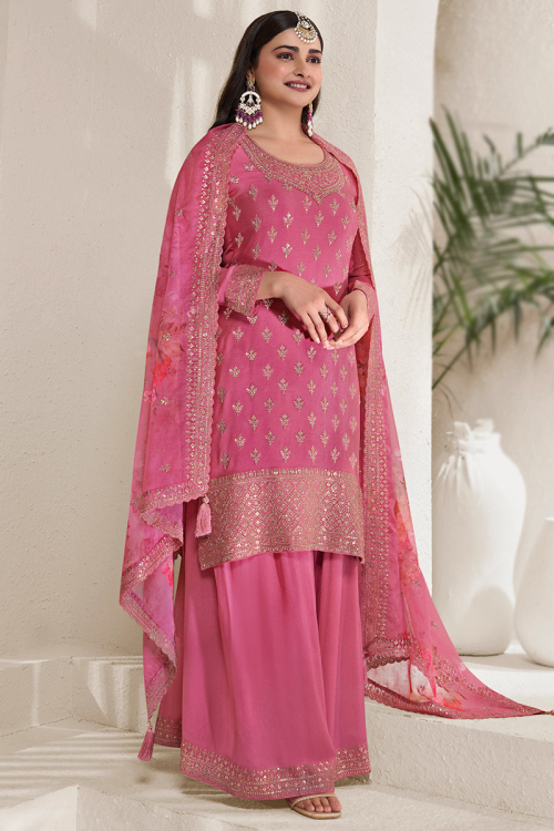 Thulian Pink Sequins Embroidered Chinnon Palazzo Suit for Wedding & Party