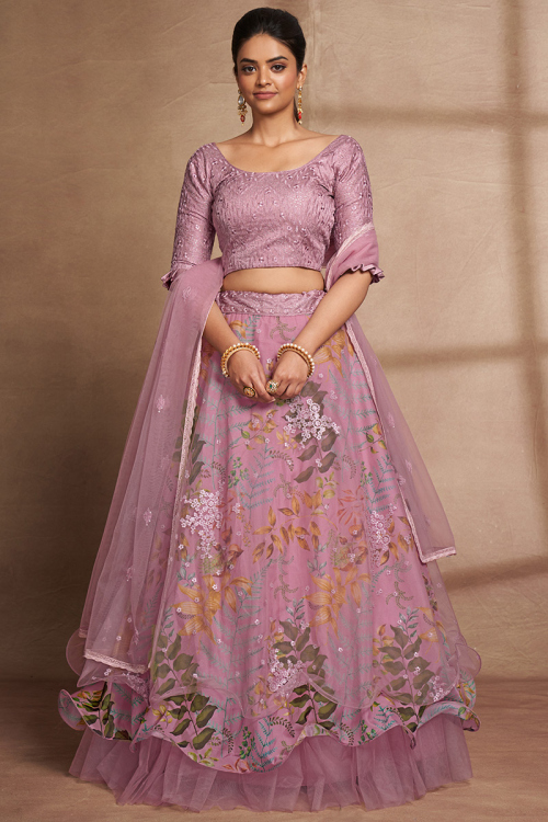 Thulian Pink Sequins Embroidered Net Flared Lehenga 