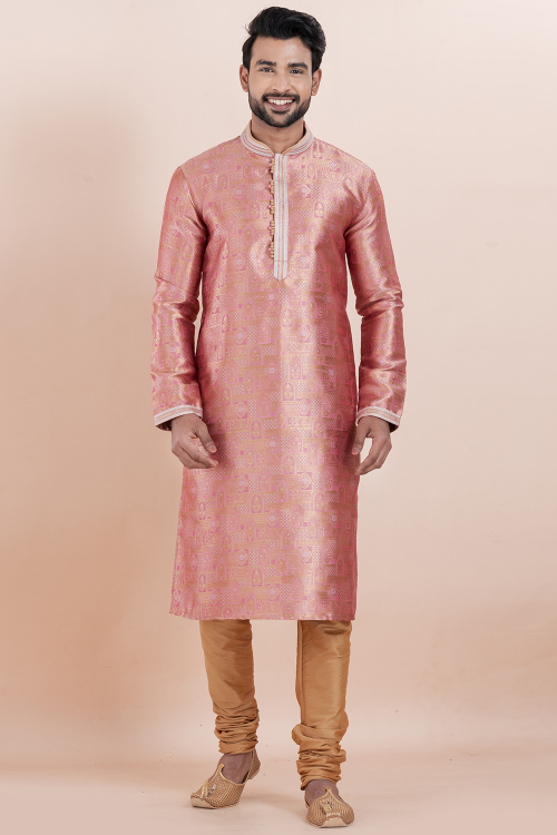 Thulian Pink Silk Blend Men's Kurta Churidar in Silk With Zari Work