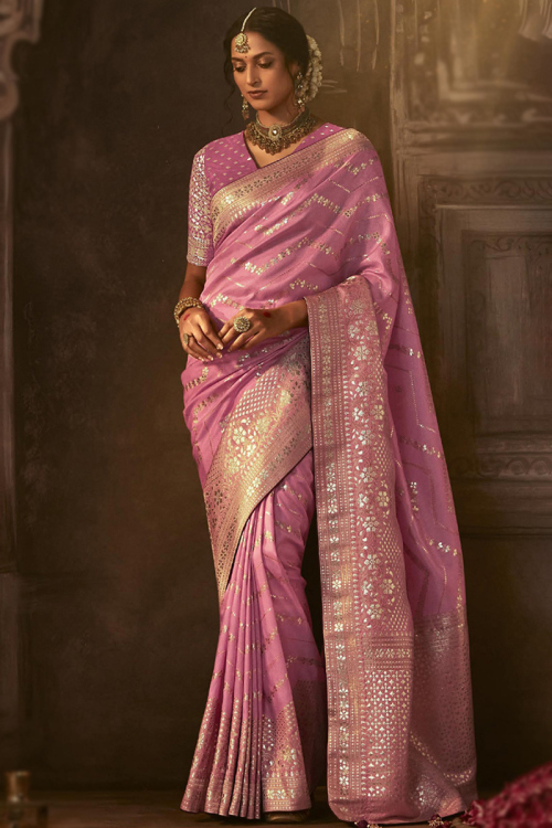 Thulian Pink Silk Woven Zari Handloom Saree