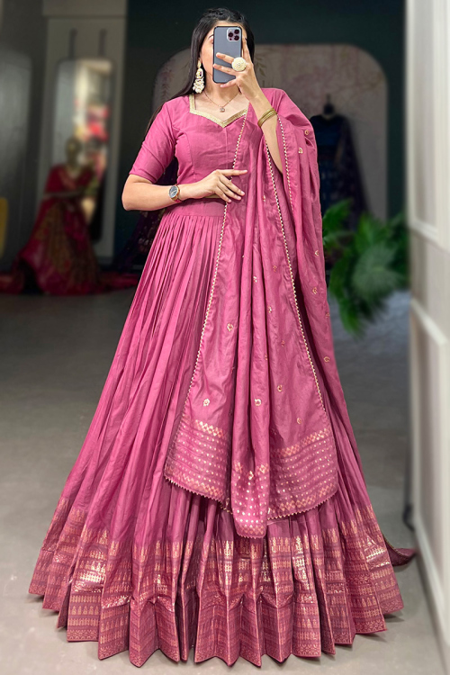 Thulian Pink Weaved Zari Chanderi Flared Style Lehenga 