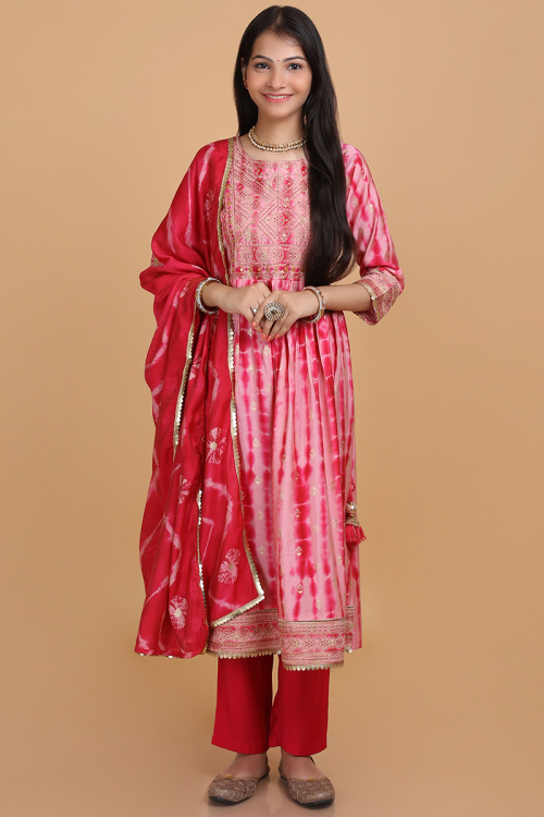Tie Dye Printed Rayon Pink Trouser Suit with Potli
