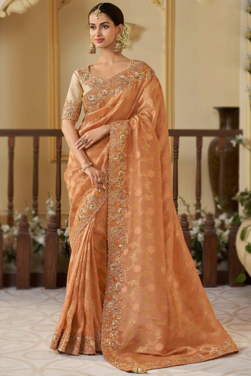 Tissue Light Orange Heavy Embroidered Saree