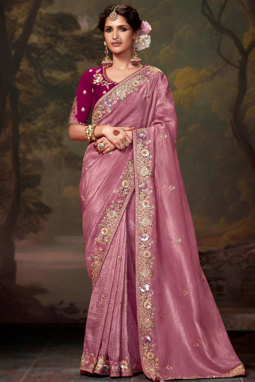 Tissue Mauve Pink Pearl Embroidered Light Weight Saree