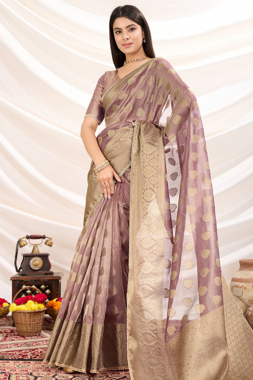Tissue Mauve Saree with Woven Zari Work for Diwali 