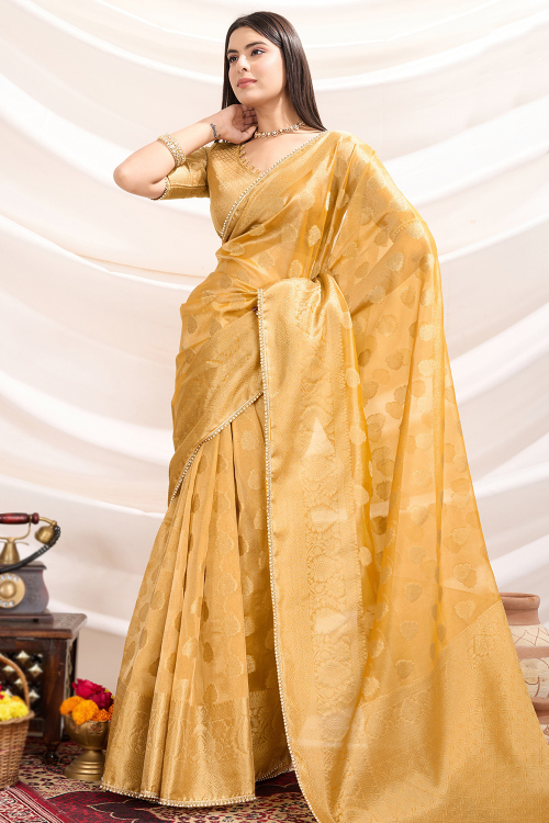 Tissue Mustard Yellow Saree with Woven Zari Work for Haldi 