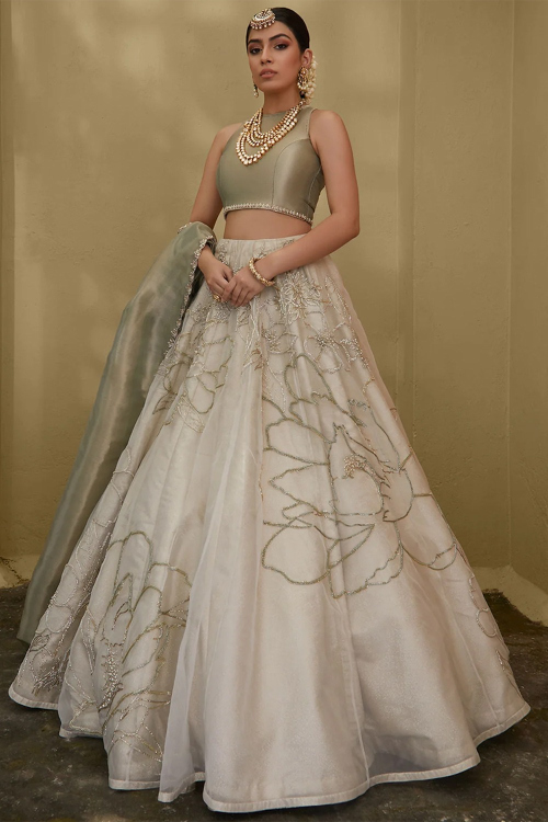 Tissue Ivory Beads Embroidered Flared Style Lehenga