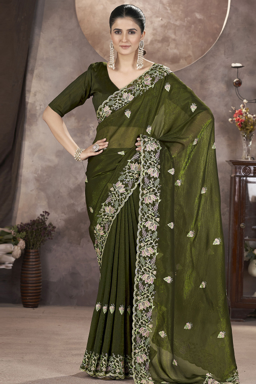 Tissue Olive Green Embroidered Light Weight Saree 