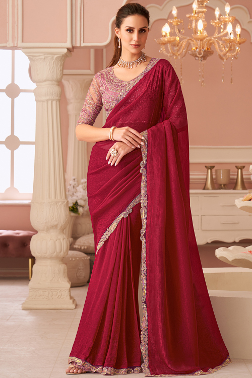 Tissue Ruby Red Saree with Sequins Work Diwali Festival Wear 
