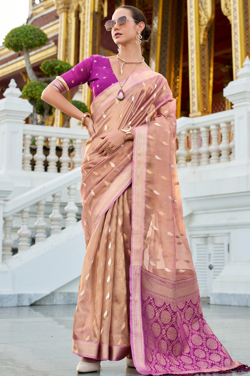 Tissue Salmon Peach Saree With Woven Zari Work For Festival