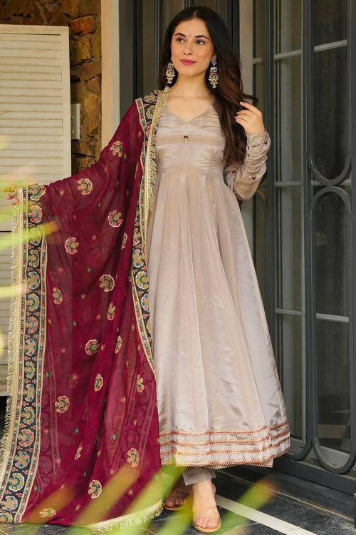 Tissue Silk Anarkali Suit in Cream Beige for Festival 