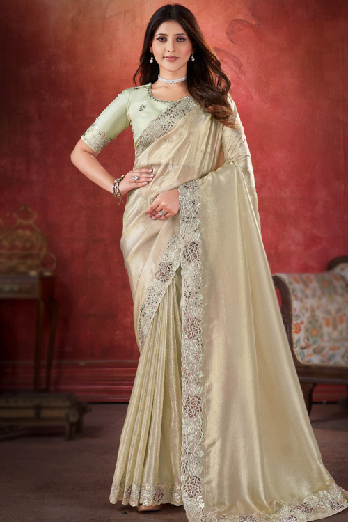 Tissue Silk Stone Embellished Cream Beige Light Weight Saree