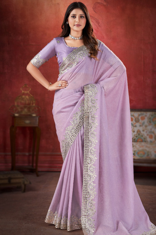 Tissue Silk Stone Embellished Lavender Purple Light Weight Saree