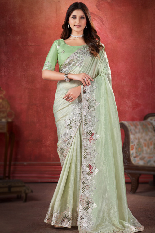 Tissue Silk Stone Embellished Pistachio Green Light Weight Saree 