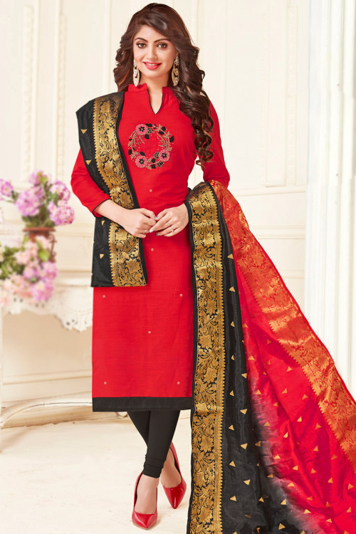 Tomato Red Cotton Embroidered Casual Wear Churidar Suit 