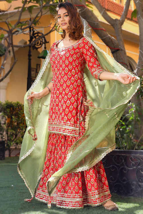 Tomato Red Cotton Gharara Suit With Printed Work For Festival