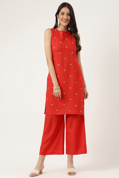 Tomato Red Cotton Palazzo Suit With Zari Work For Casual Wear