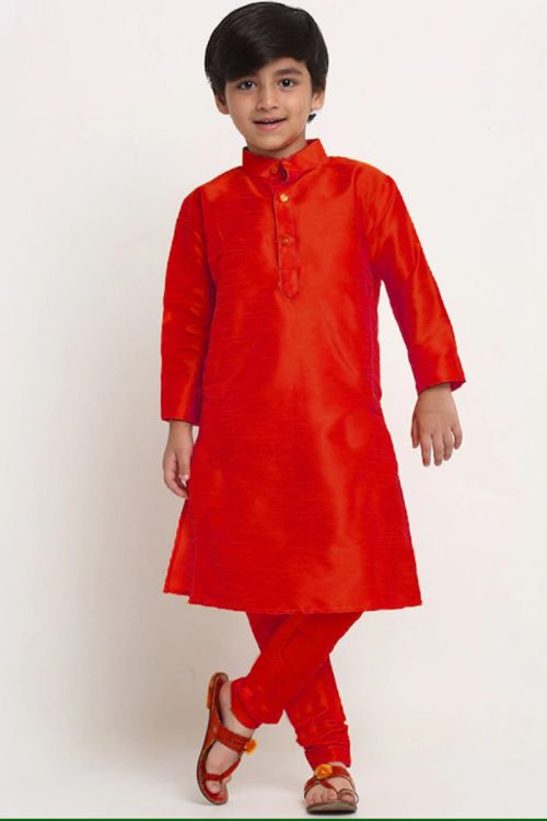 Tomato Red Dupion Silk Straight Cut kid's Kurta churidar