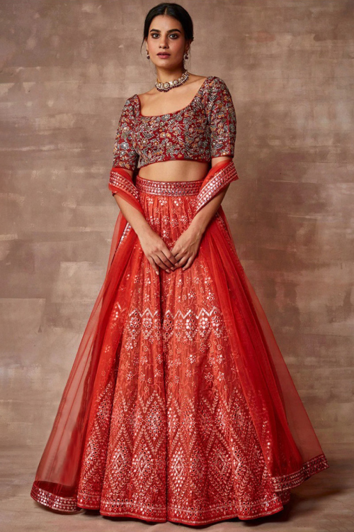 Tomato Red Embroidered Organza Flared Style Lehenga 