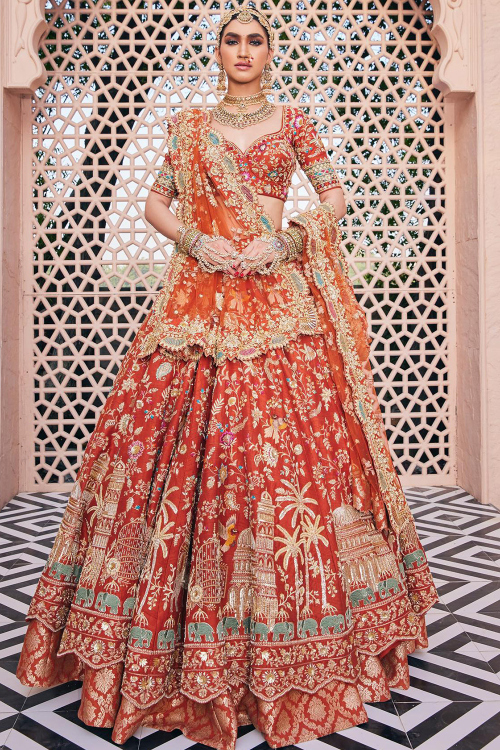 Tomato Red Georgette Zari Embroidered Panelled Style Lehenga 