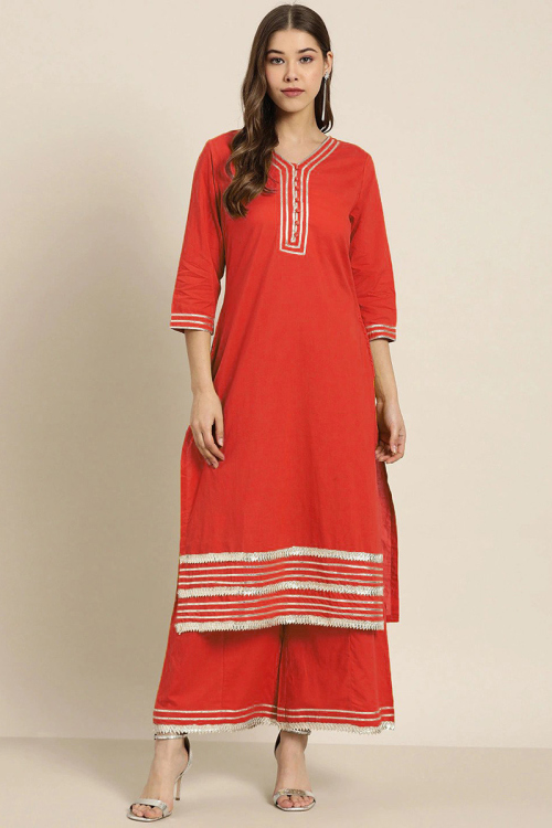 Tomato Red Gota Patti Embroidered Rayon Kurti