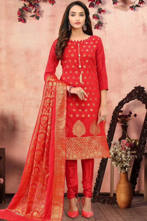 Tomato Red Jacquard Banarasi Silk Churidar Suit