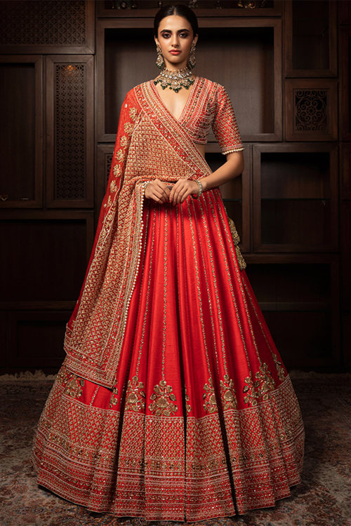 Tomato Red Silk Embroidered Panelled Style Lehenga