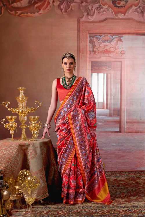 Tomato Red Soft Silk Saree With Printed Work For Festival