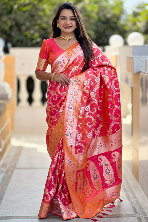 Tomato Red Soft Silk Saree With Weaved Work For Diwali