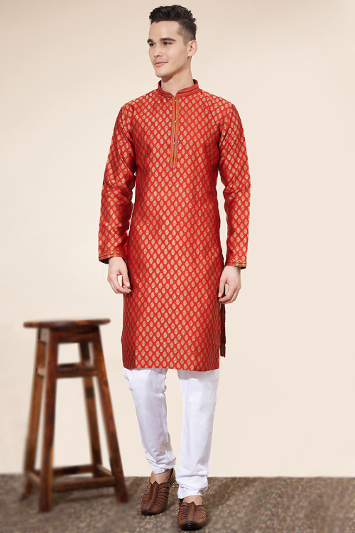 Tomato Red Woven Zari Silk Straight Cut Men's Kurta Pajama