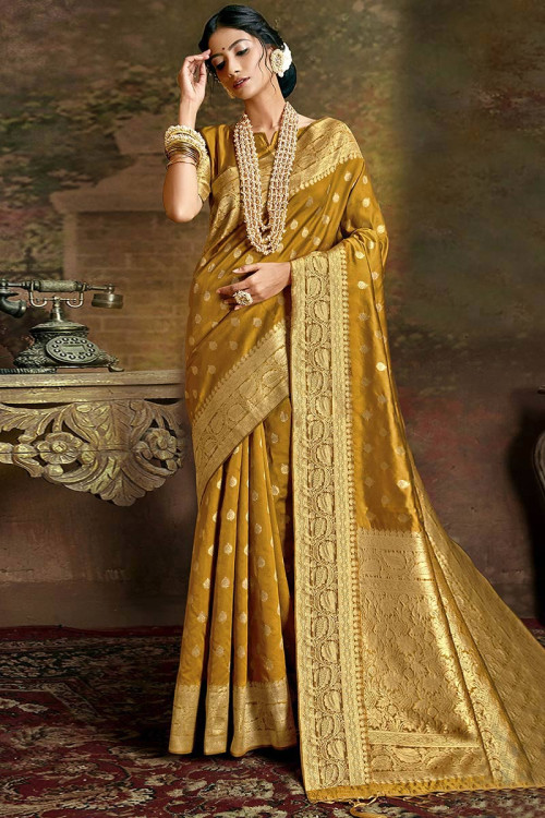Traditional Banarasi Silk Saree In Mustard Yellow Color
